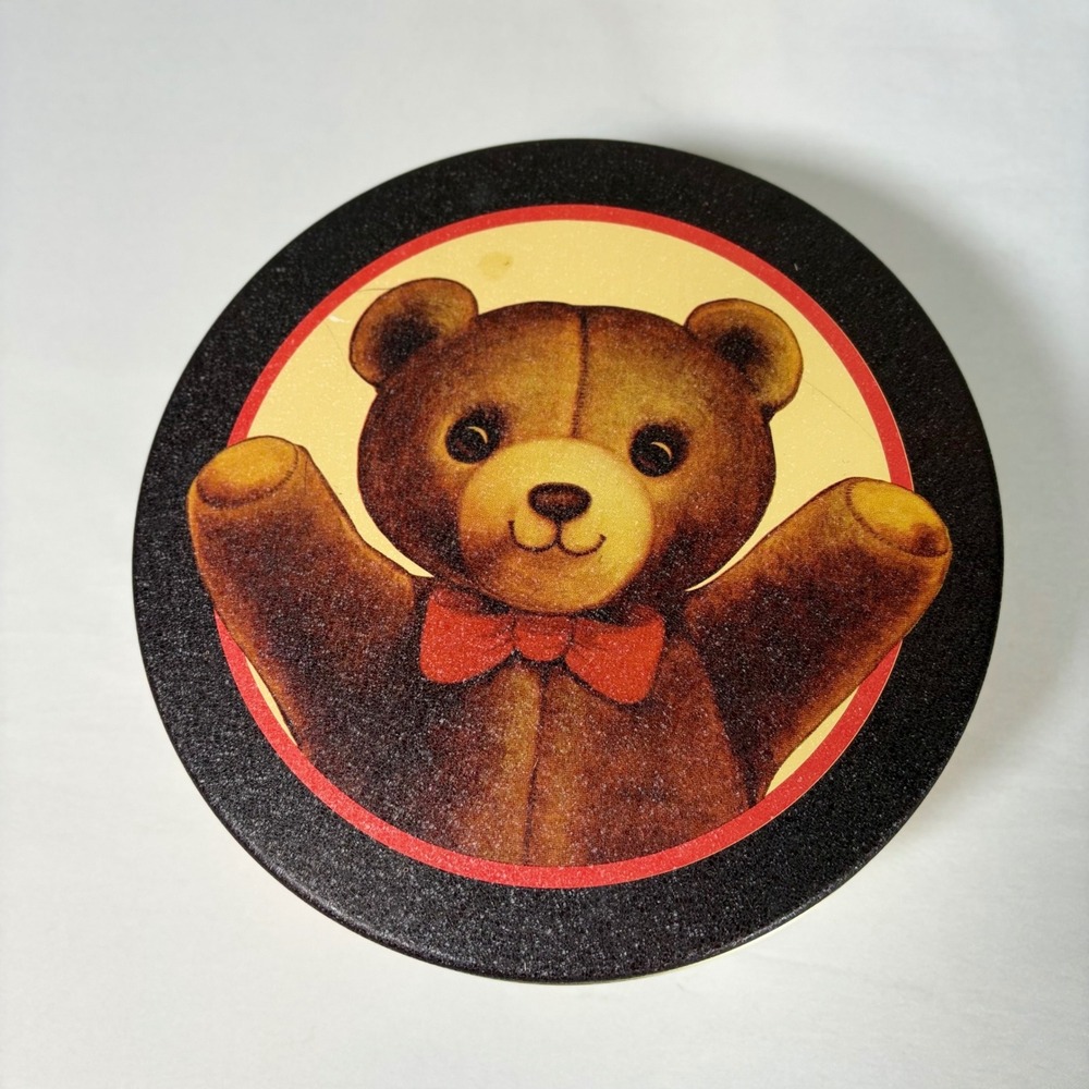 Vintage Teddy Bear Round Metal Storage‎ Tin Collectible Nursery Decor 7 Inch